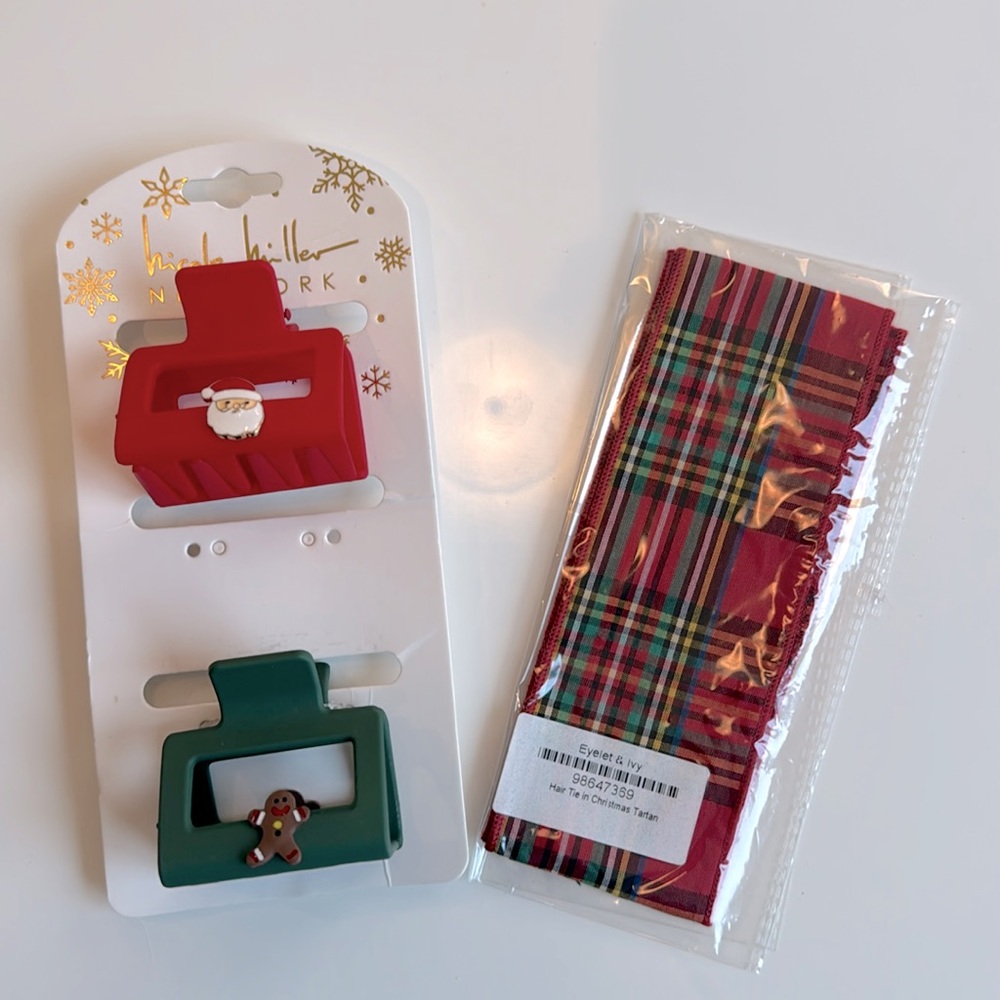Christmas theme hair accessories, NWT, tartan hair tie and themed clips